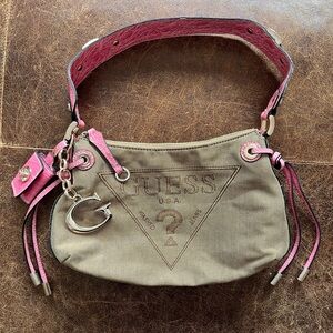 Y2K Guess Pink Brown Mini Shoulder Bag Big Logo Photo Keychain McBling Trashy